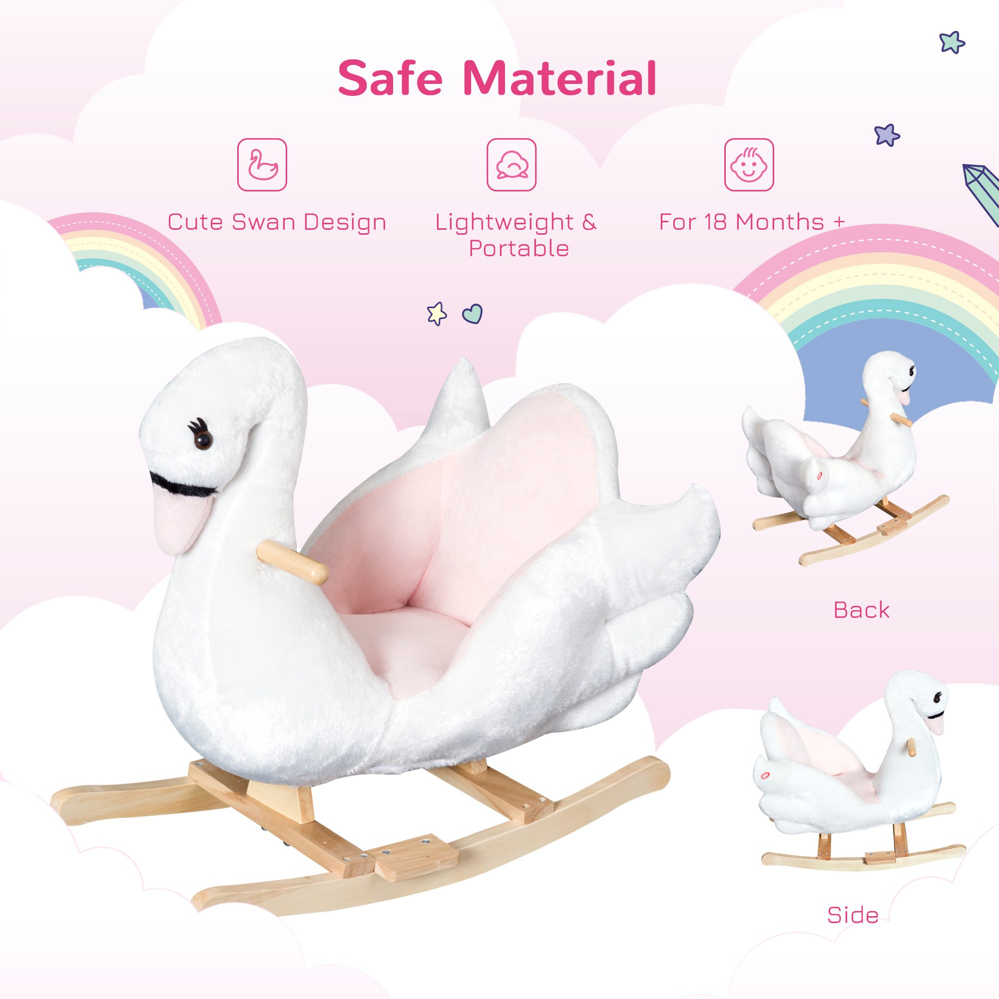 Kids Ride On Rocking Horse Plush Swan Style Toy with Music for Over 18 Months Children, White and Pink - Image 3