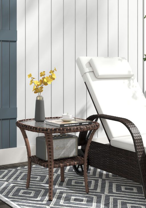 Outdoor Coffee Table with Storage Shelf, Hand-Woven Wicker Side Table with Water-Ripple Glass Top, Mix Brown