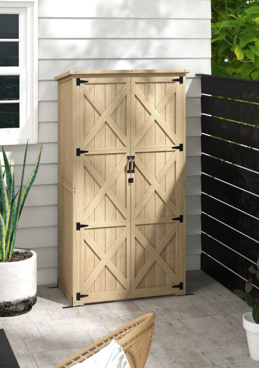 Wooden Outdoor Storage Cabinet Garden Shed with Waterproof Asphalt Roof and Lockable Doors, Natural