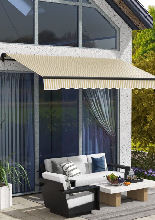12' x 10' Retractable Awning, 280gsm UV Resistant Sunshade Shelter for Deck, Balcony, Yard, Beige and White