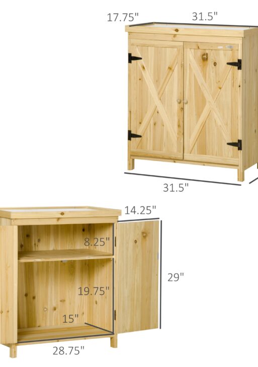 Garden Storage Cabinet, Outdoor Tool Shed with Galvanized Top and Two Shelves for Yard Tools or Pool Accessories, Natural