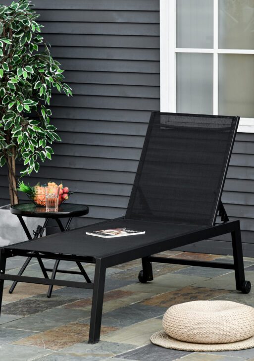 Outdoor Chaise Lounge with Wheels, Five Position Recliner for Sunbathing, Suntanning, Steel Frame, Breathable Fabric for Beach, Yard, Patio, Black