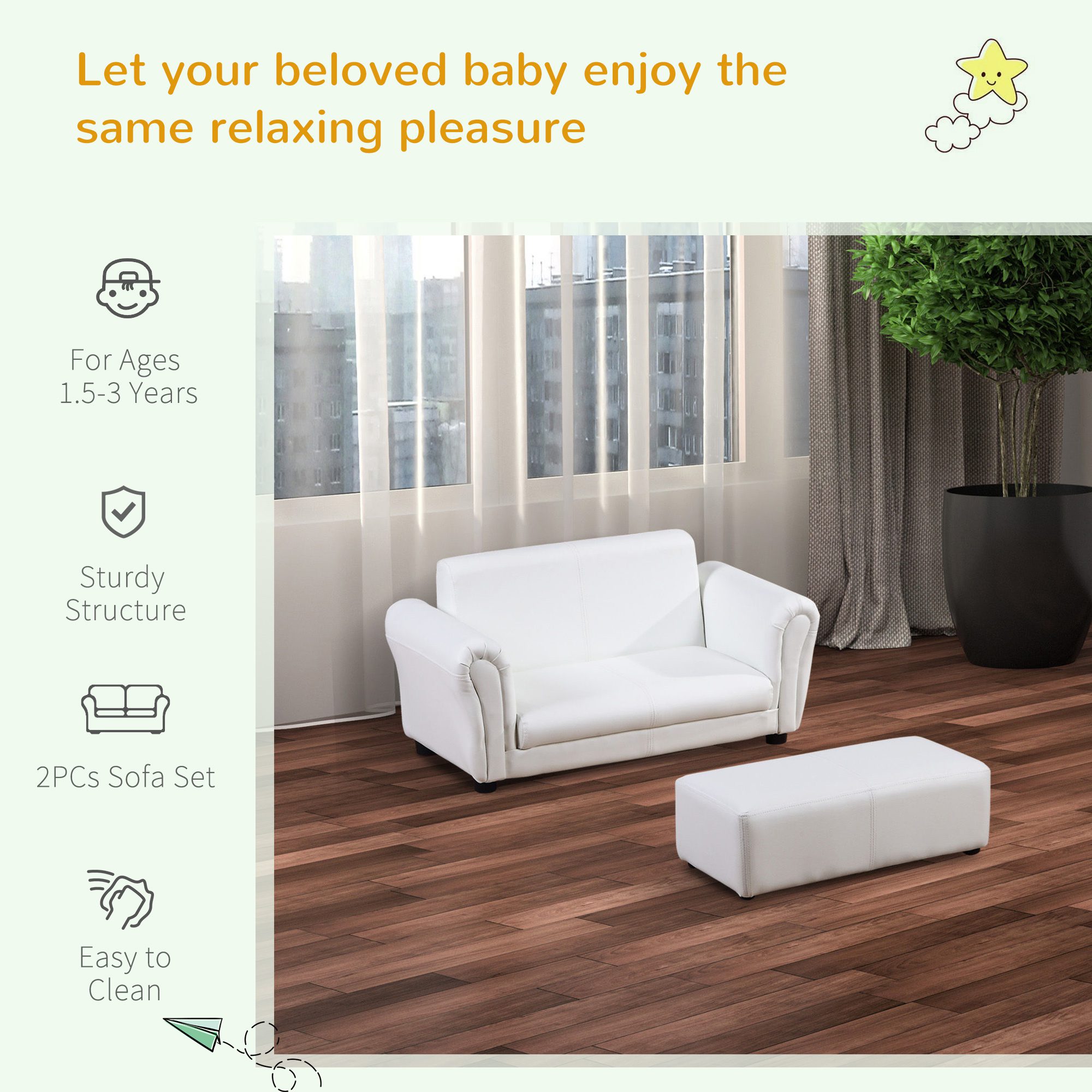 Kids Sofa Set with Footstool for Toddlers and Babies, White - Image 3