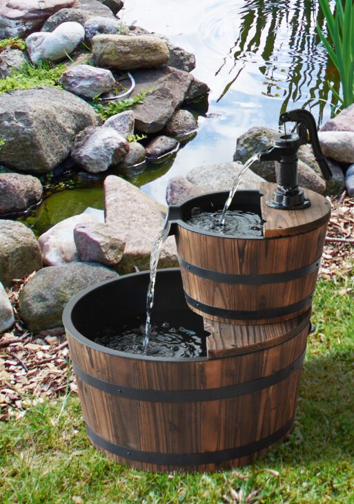 Wood Freestanding Fountain with 2 Tier Waterfall Barrel, Electric Pump for Garden Decor, Lawn, Backyard