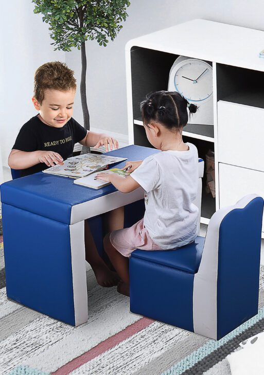 Kids Sofa Set 2-in-1 Multi-Functional Toddler Table Chair Set 2 Seat Couch Storage Box Soft Sturdy Blue