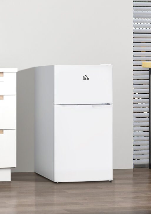 3.2 Cu.Ft Mini Fridge with Freezer, Double Door Compact Refrigerator with Adjustable Thermostat, Shelf and Reversible Door for Bedroom, Dorm, Home Office, Energy Efficient, White