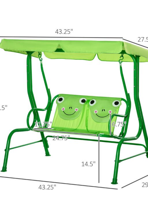 Porch Swing for Kids with Adjustable Canopy to Block Sun at Angles, Kids Swing Chair with Seatbelts, Frog Pattern, Gift for Kids Ages 3-6, Green