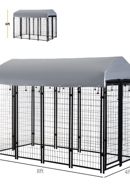 Outdoor Dog Kennel with Roof, 8' x 4' x 6' Heavy Duty Welded Wire Dog Playpen Enclosure with Escape-proof Lock, UV-Resistant & Waterproof Cover, for Large Dogs, Silver
