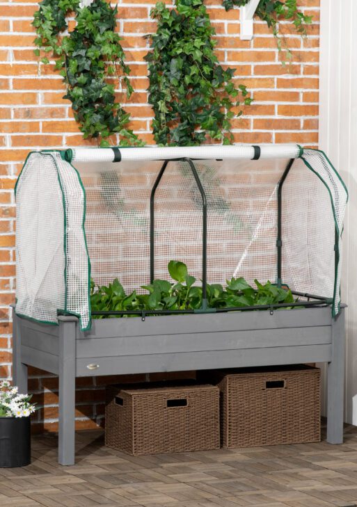 Raised Garden Bed with PE Greenhouse Cover Outdoor Planter Box for Herbs and Vegetables, 48 x 22 x 46 inch, Dark Gray