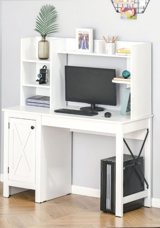 Computer Desk W/ Hutch, Home Office Desk W/ Storage Cabinet, White