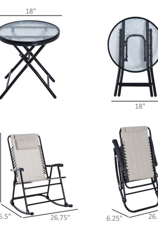 3 Piece Outdoor Rocking Chair Set, Patio Folding Lawn Rocker Set with Glass Coffee Table, Headrests for Yard, Patio, Deck, Backyard, Cream White