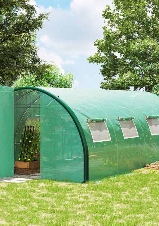 Tunnel Greenhouse Walk-in Plant Warm House with 2 Hinged Doors, 8 Mesh Windows, 20' x 10' x 6.6', Green