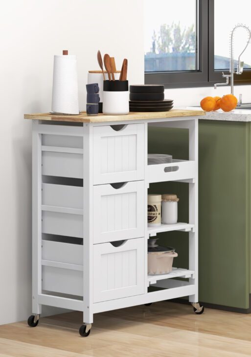 Rolling Kitchen Cart, Kitchen Island with Wood Top, Shelves & Drawers for Dining Area, White