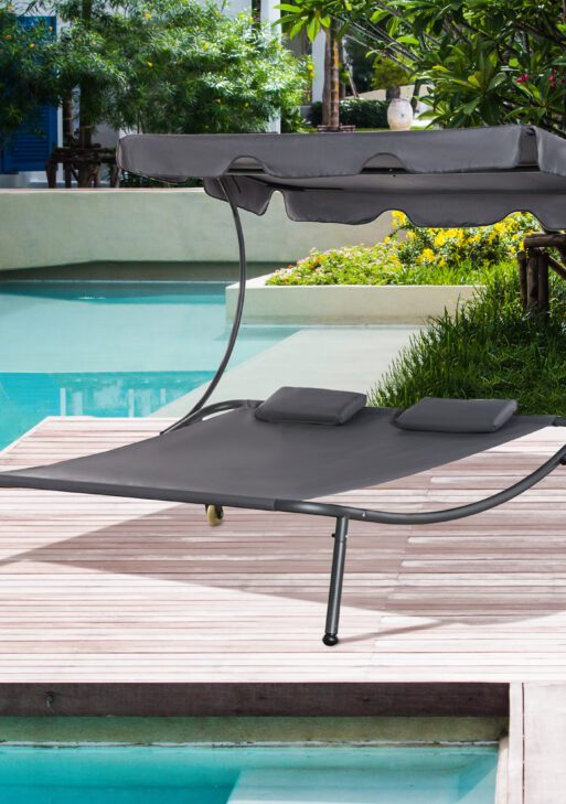 Patio Double Chaise Lounge Chair, Outdoor Wheeled Hammock Daybed with Adjustable Canopy and Pillow for Sun Room, Garden, or Poolside, Grey