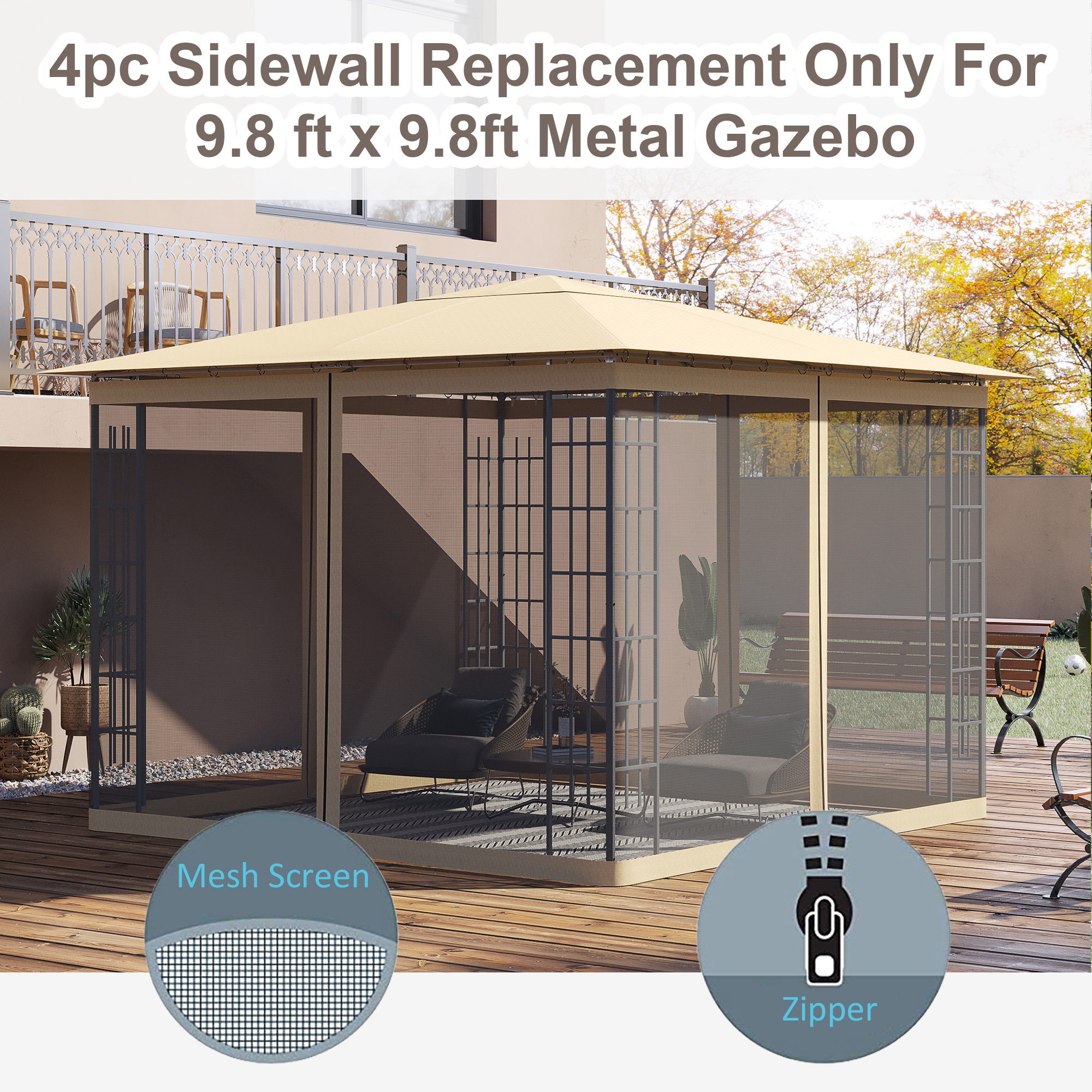 Replacement Mesh Sidewall Netting for 10' x 10' Gazebos and Canopy Tents with Zippers, (Sidewall Only) Beige - Image 2