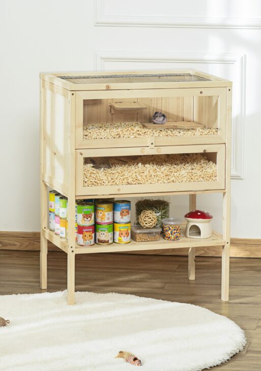 3-Tier Wooden Hamster Cage Mice and Rat Cage Small Animals Hutch with Openable Top, Front Door, Shelf, Natural Wood