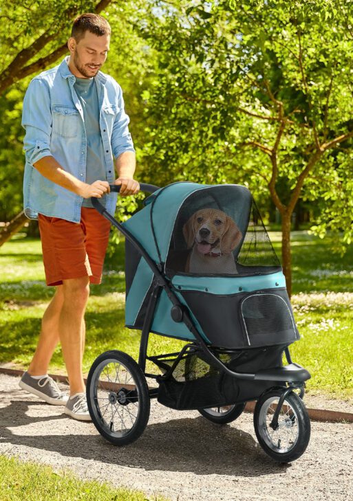 3 Wheels Pet Stroller for Small Dogs and Medium Dogs with Adjustable Canopy, Safety Tether, Storage Basket, Dark Green