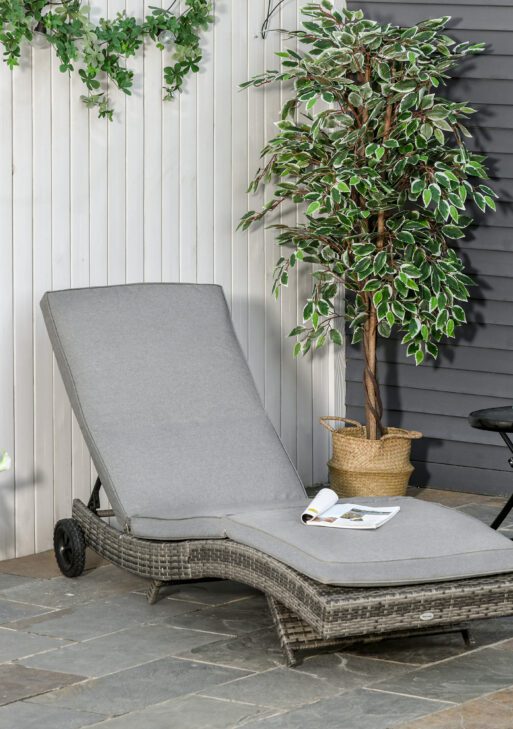 Wicker Chaise Lounge Chair Outdoor PE Rattan Cushioned Patio Sun Lounger with 5-Level Adjustable Backrest & Wheels for Easy Movement, Mixed Gray