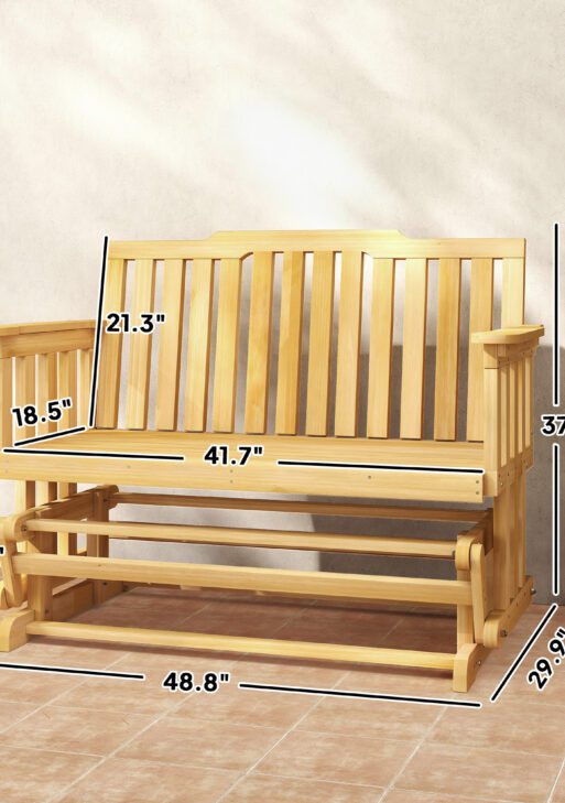 2-Person Patio Swing Glider Bench with Quick Drying Design and Wide Armrest, Wood Rocking Chair Loveseat for Backyard Garden Porch, Natural