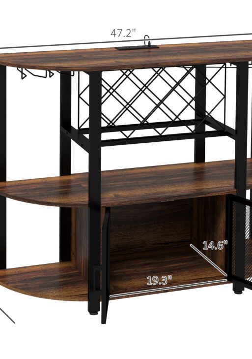 Wine Bar Cabinet with Charging Station, LED Lighted Liquor Cabinet with Wine Racks and Glass Holders, Rustic Brown