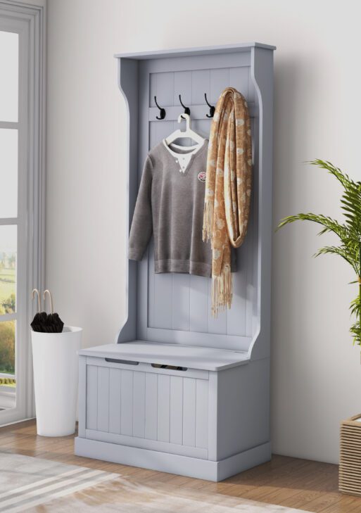 Entryway Hall Tree with Coat Rack and Sitting Bench, Mudroom Bench with Storage, and Hooks, Gray