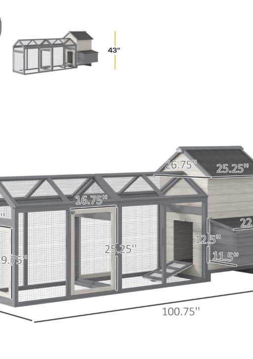 100" Chicken Coop Wooden Chicken House Large Rabbit Hutch Poultry Cage Backyard with Double Run, Nesting Box, Gray
