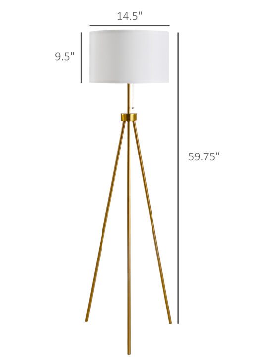 59.75" Tripod Floor Lamp with Pull Chain Standing, Fabric Lampshade E26 Lamp Holder Steel for Living Room, Bedroom, Office, Gold
