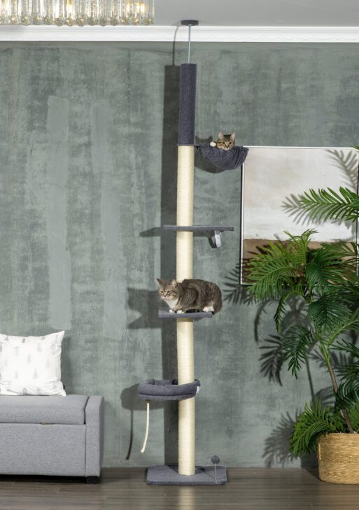 Floor To Ceiling Cat Tree, 5-Tier Cat Climbing Tower, 95''-106'' Height Adjustable with Carpeted Platforms, Cozy Bed, Hammock, Scratching Post & Toy Ball for Indoor Cats, Dark Gray and Cream