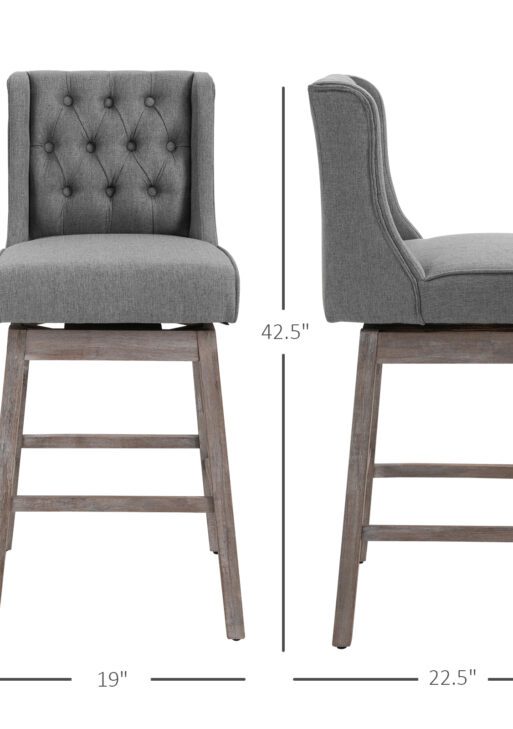 Bar Height Bar Stools Set of 2, 180 Degree Swivel Barstools with Solid Wood Footrests and Button Tufted Design, 30" Seat Height Bar Chairs for Kitchen Island, Gray