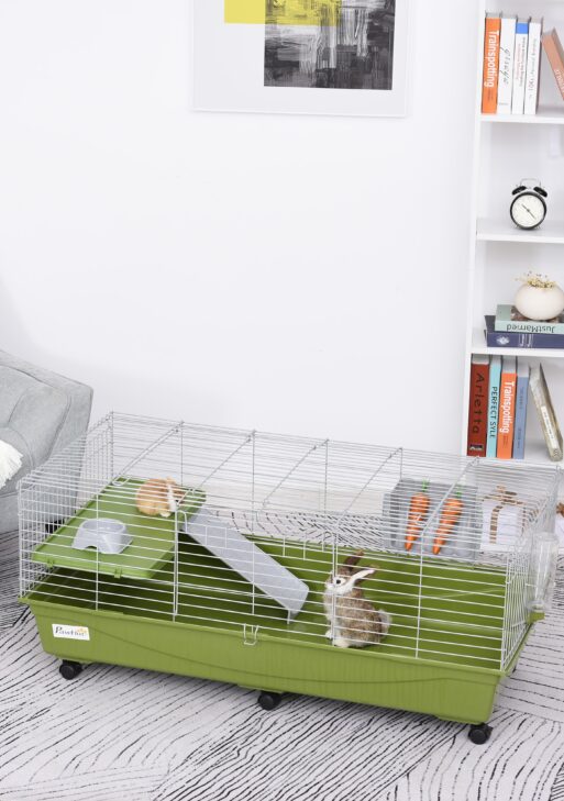 47" Small Animal Cage Chinchilla Guinea Pig Hutch Pet House with Platform Ramp, Food Dish, Wheels, & Water Bottle