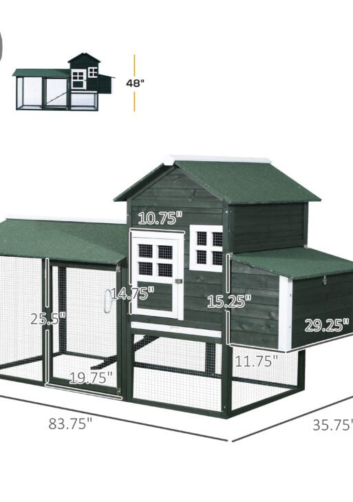 84" Wooden Chicken Coop, Hen House Outdoor with Run Nesting Box, Asphalt Roof, Removable Tray, Ramp, Poultry Cage for 2-3 Chickens, Green