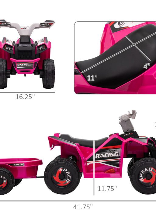 6V Electric Toy Car with Back Trailer, Forward Backward, Wear-Resistant Wheels for Ages 18-36 Months, Pink