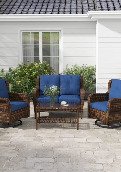 4 Piece Rattan Patio Furniture Set, Conversation Set with Swivel Glider Chairs Table Loveseat for Garden, Patio, Blue