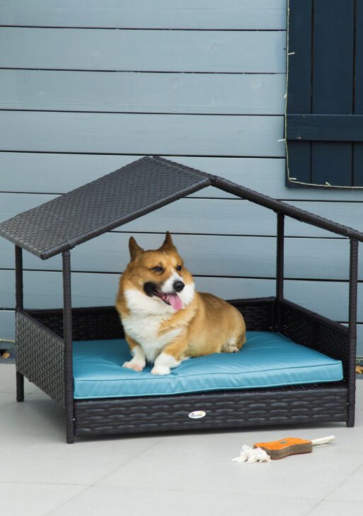 Wicker Dog House Outdoor with Canopy, Rattan Dog Bed with Water-resistant Cushion, Raised Pet Bed for Small, Medium Breeds up to 66 lbs, 20" in Length, Brown Wicker, Blue Cushion