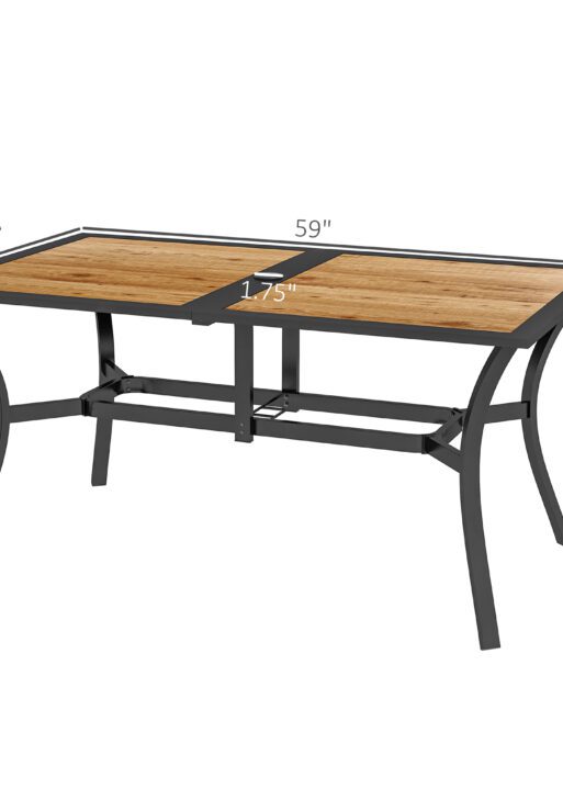 Rectangular Patio Table with Umbrella Hole, Faux Wood Rectangle Outdoor Dining Table for 6 People for Garden, Brown