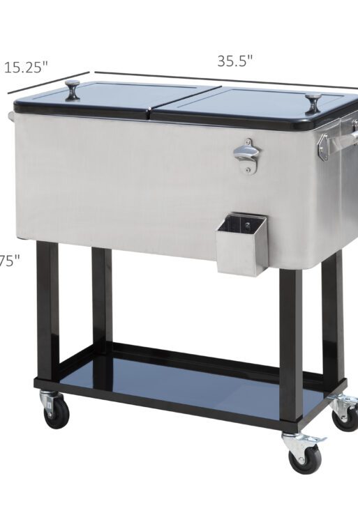80 QT Rolling Cooling Bins Ice Chest on Wheels Outdoor Stand Up Drink Cooler Cart for Party, Silver