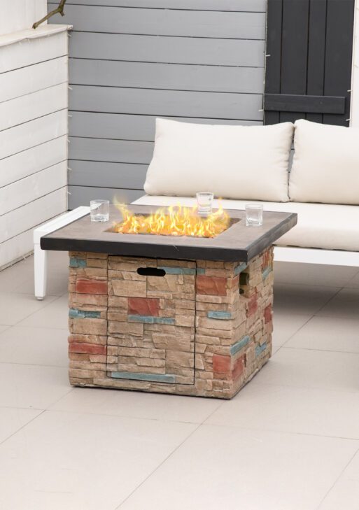 32 Inch Outdoor Propane Gas Fire Pit Table, 50,000 BTU Auto-Ignition Square Faux Ledge Stone Gas Firepit with Lava Rocks and Rain Cover, CSA Certification, Brown