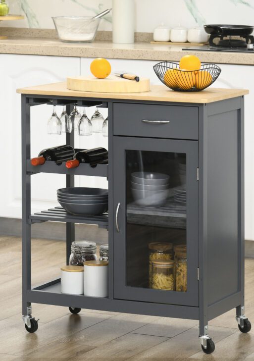 Rolling Kitchen Island with Storage, Kitchen Cart with 4-bottle Wine Rack, Bar Cart with Stemware Holder, Shelves, Drawer and Cabinet, Gray