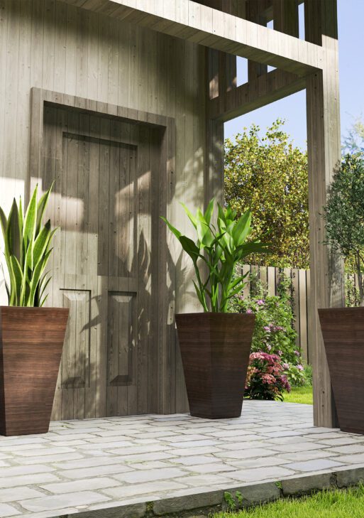 Set of 3 Tall Planters, 28" Outdoor Planter w/ Drainage Holes, Faux Wood Plastic Flower Pots, Brown