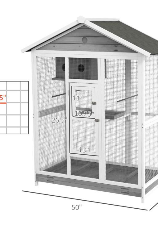 64.5" Wooden Bird Cage Aviary, Flight Cage with 4 Perches, Nest and Slide-Out Tray for Indoor/Outdoor, Gray