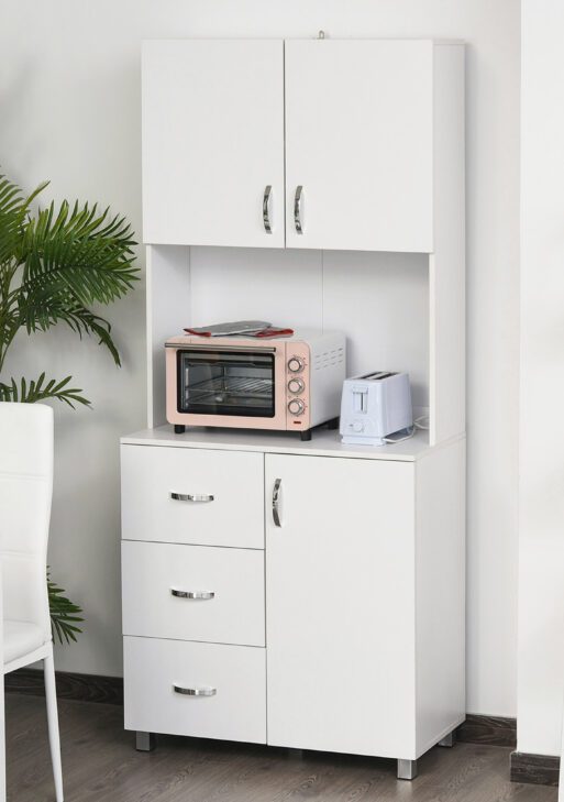 Freestanding Kitchen Buffet with Hutch Storage Organizer with 2 Door Cabinets, 3 Drawers and Open Countertop, Adjustable Shelf, White