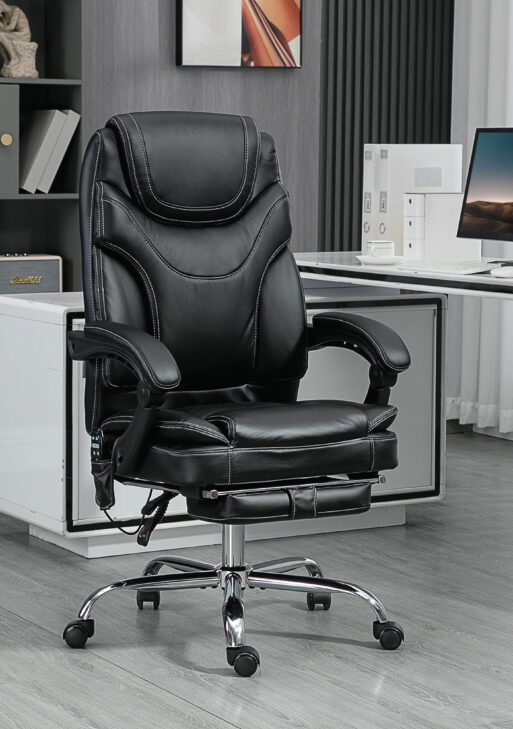 6 Point Vibration Massage Office Chair, PU Leather Heated Reclining Computer Chair with Footrest, Black