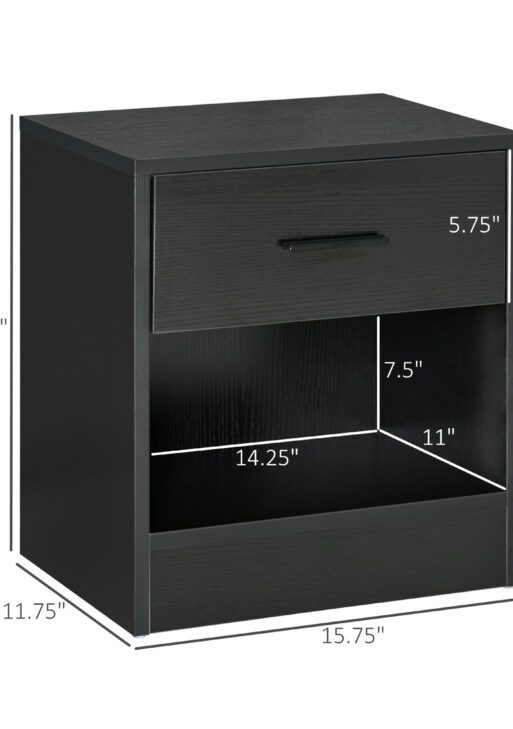 Modern Side Table with Drawer and Storage Shelf, End Table for Living Room, Black Wood Grain