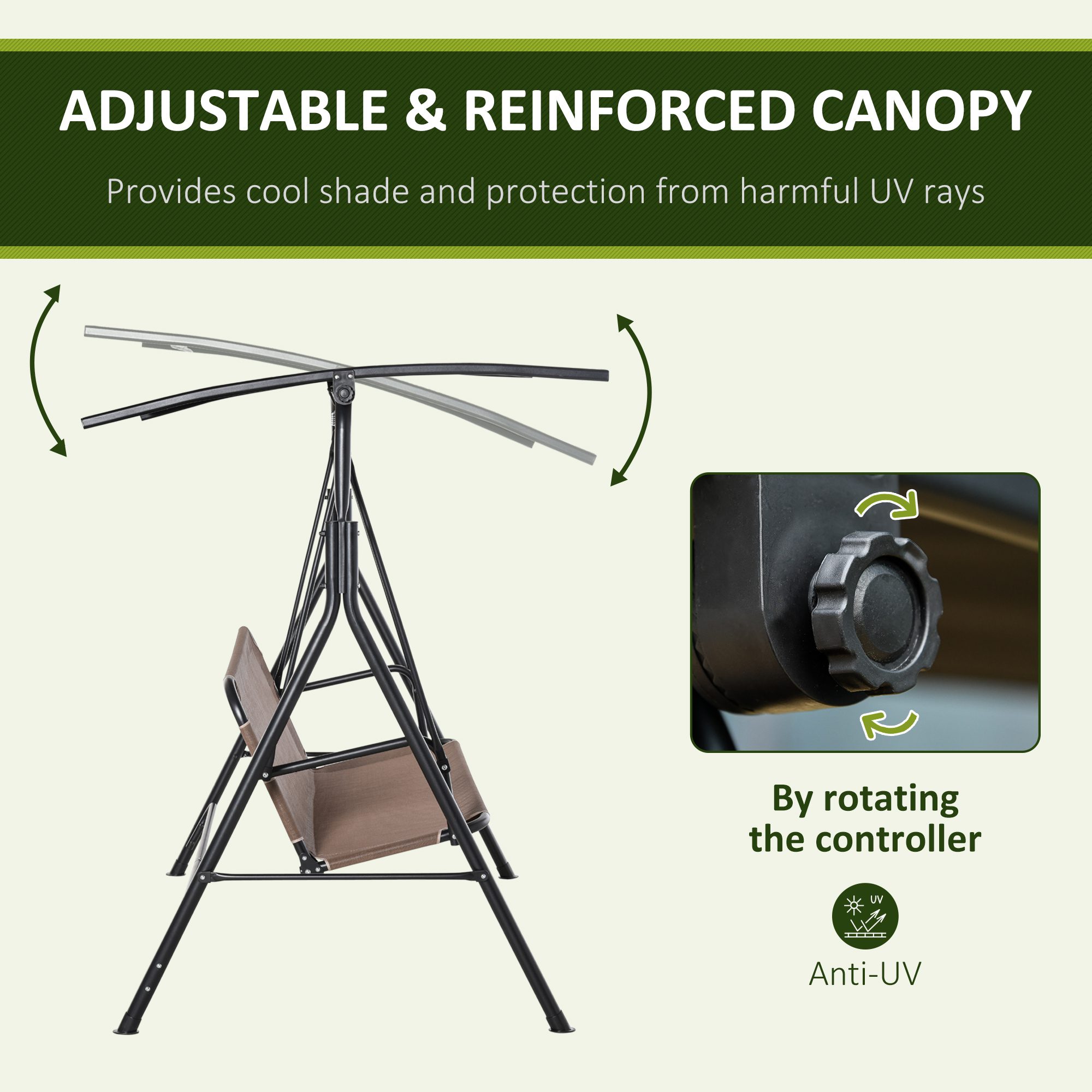 2-Seater Patio Swing Chair, Outdoor Adjustable Canopy Porch Swing with Armrests, Texeline Fabric and Steel Frame, Brown - Image 3