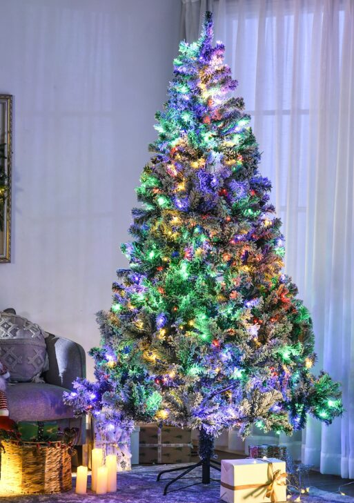 7.5' Artificial Snow Christmas Trees with Frosted Branches, Warm White or Colorful LED Lights, Steel Base