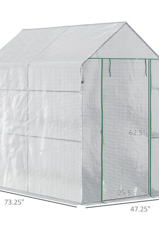 47.25" x 73.25" x 74.25" Walk-in Greenhouse, Outdoor Portable Green House with 4 Shelves, Plant Flower Growing Warm House with Roll-up Door, White