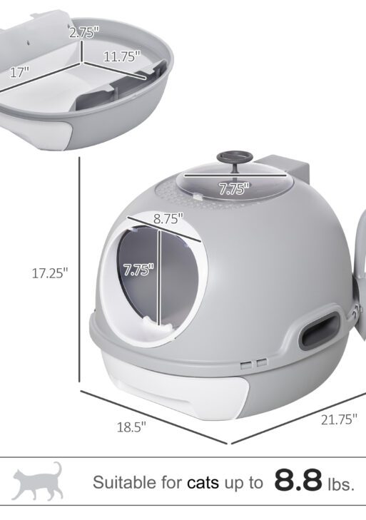 Cat Litter Box Toilet with Lid, Covered Litter Box with Scoop, Enclosed Drawer, and Skylight, Gray