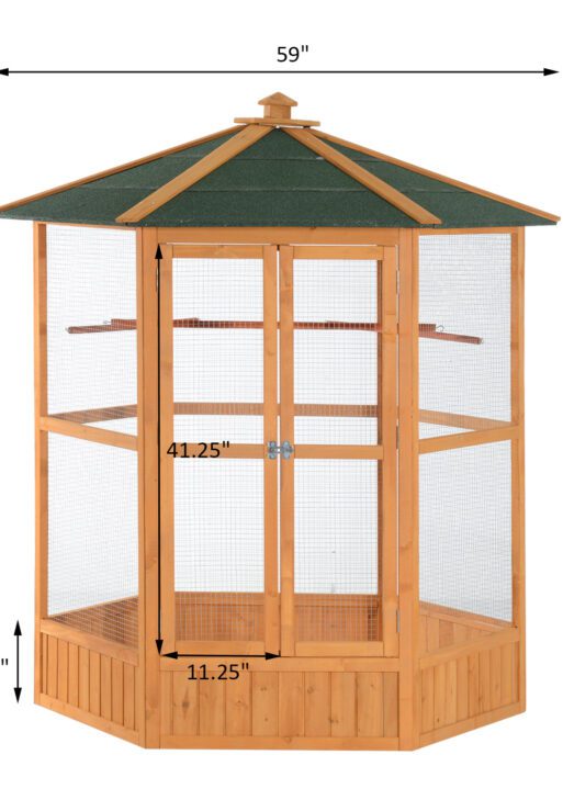 69" Wooden Hexagonal Outdoor Aviary Flight Bird Cage With Covered Roof, Brown