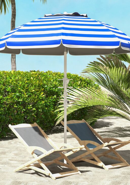 5.7' Beach Umbrella for Travel with Tilt, Adjustable Height, 2 Cup Holders, Hooks, Vent, Ruffles, Blue Stripe
