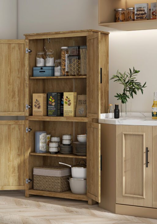 64" Kitchen Pantry, Tall Storage Cabinet with 4 Rattan Doors, 4 Tier Shelves and Adjustable Shelf, Natural